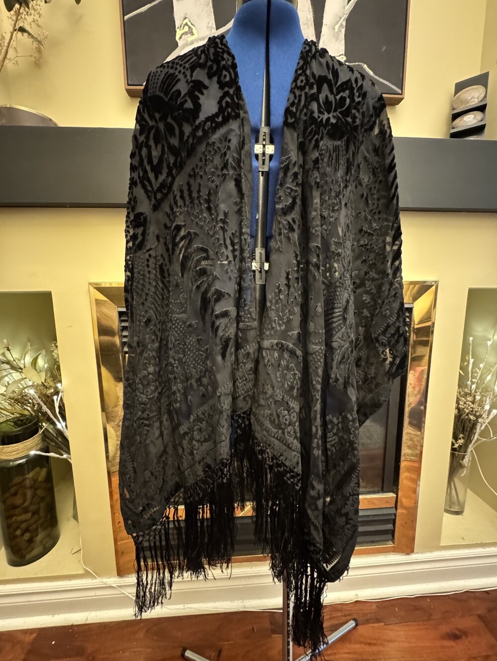 Echo Black Burnout Velvet Fringe Kimono Wrap Shawl One Size Boho Whimsigoth 90s